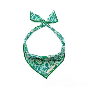 May include: A green and white bandana with a floral pattern and a green border. The bandana is tied in a knot at the top and has a small gold tag with the text "The bandana company" on it.