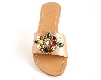 CHARLES PASHA Slides Toe Strap Rhinestone Jewelry Sandals handcrafted with Czech Gemstones set on 100% Leather to match light gold straps