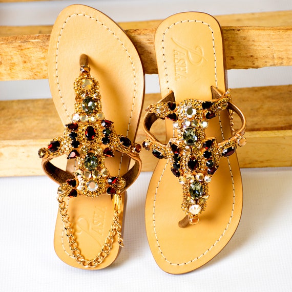 Gold Jewelry Sandals With Bronze Chain Leather Straps Handmade