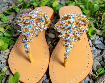 DAWSON Rhinestone Sandals with Gold plated Ankle Chain Handcrafted embellishment of Czech Crystals in Gold settings in 100% Leather finish