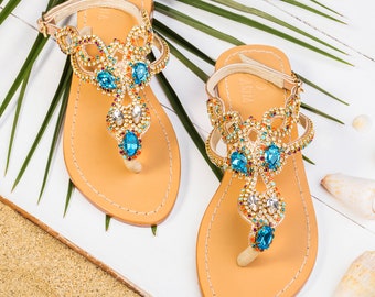 DAYTONA Rhinestone Sandals with Gold plated Ankle Chain Handcrafted embellishment of Czech Crystals in Gold settings in 100% Leather finish