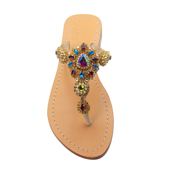 COCO Rhinestone Sandals Flat Thongs Handcrafted With Czech Faceted