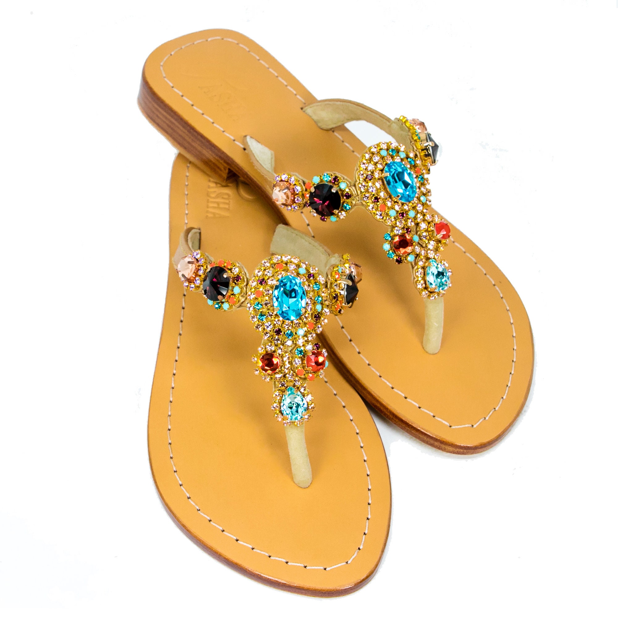 CONCHA Rhinestone Sandals Flat Thongs Handcrafted With Czech - Etsy