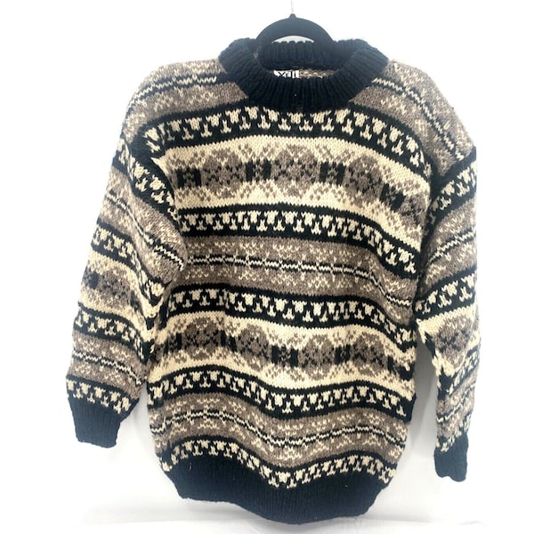 Vintage Yeti Handknit Thick 100% Pure Nepal Wool Aztec Print Black Gray Crewneck Men's Sz L