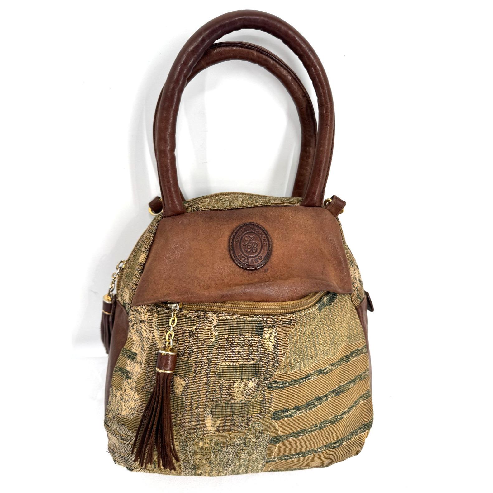 Vintage 80s Lucia Bianchi Tapestry Dome Bag Brown Leather Trim