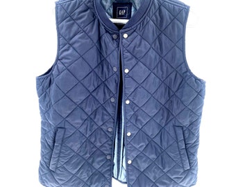 Vintage GAP Dark Navy Blue Quilted Cotton Blend Buttons Pockets Vest Womens Sz L