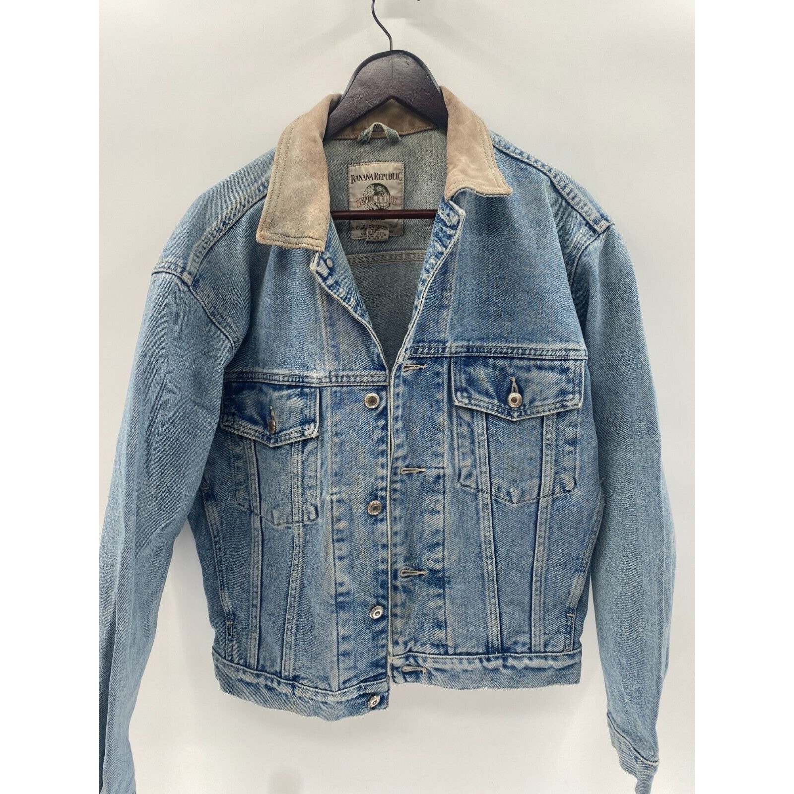 VTG Banana Republic Blue Jean Denim Cotton Trucker Jacket Leather