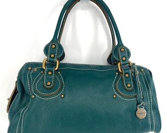 Vintage 90s Rabeanco Studded Emerald Green Leather Large Shoulder Bag Double Handle Lock Zip Handbag Purse