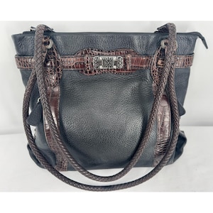 Vintage Brighton Black Leather Brown Croc Embossed Leather Trim Purse Bag Handbag E496891