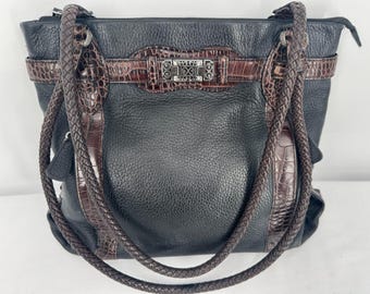 Vintage Brighton Black Leather Brown Croc Embossed Leather Trim Purse Bag Handbag E496891