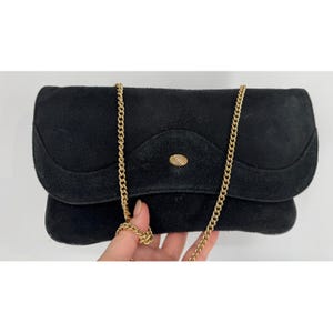 Vintage 70s Black Suede Flap Bag: Giovenco Leather & Gold Chain, Made in Canada