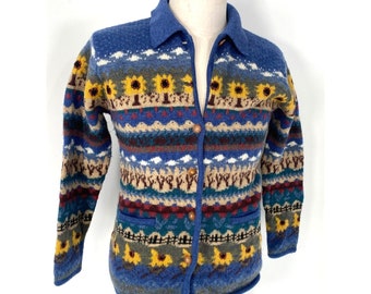 Vintage TABI International Blue Pure Wool Knit Yellow Sunflowers Floral Cardigan Sweater Jacket