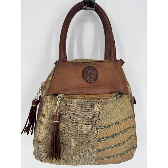 【美品】Oribianco leather bag Vintage 80s Lucia Bianchi Tapestry Dome Bag Brown Leather Trim