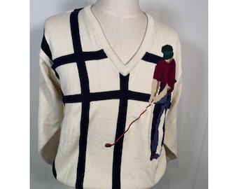 Vintage 90s Pringle Cable Knit Golf Sweater: Embroidered V Neck Pullover