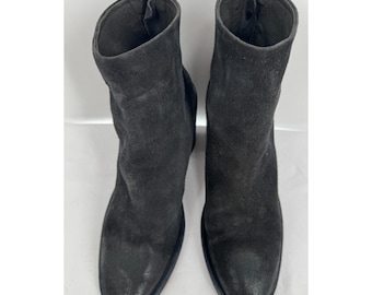 Handmade Italian Suede Ankle Boots, Black Leather, Block Heel (Size 9)
