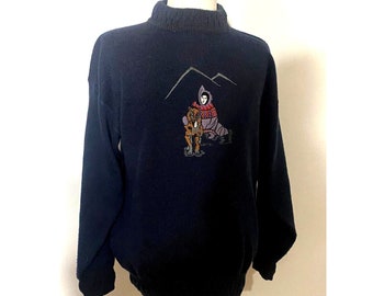 Vintage 90s Spirit River Navy Blue Wool Blend Knit Embroidered Sweater Mens Sz XL