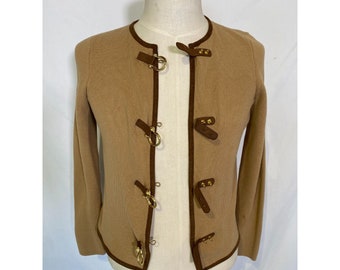 Vintage Ralph Lauren Brown Tan Knit Cotton Cardigan Jacket Suede Trim Women's Sz M