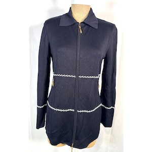 Vintage Escada Germany Schwarz Viskose Baumwollmischung mit Stipe Cardigan Sweater Jacke Full-Zip Blazer Pullover Damen Sz M