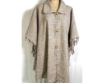 Vintage 80s Brown Check Plaid Tartan Fringe Wool Blend Poncho Cape Jacket Sz L
