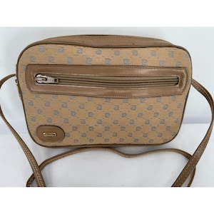 Vintage 80&#39;s Pierre Cardin Beige Monogrammed Canvas Logo Leather Shoulder Bag Messenger Handbag