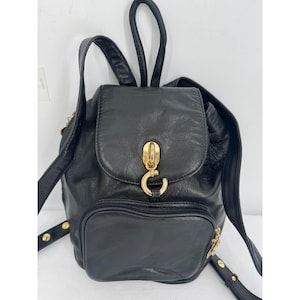 Vintage 80s Black Thick Luxurious Italian Leather Backpack Bag Purse Made in Italy