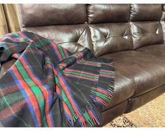 Vintage Green Black Red Large Plaid Tartan Blanket Fringe Oswal Luxurious Wool