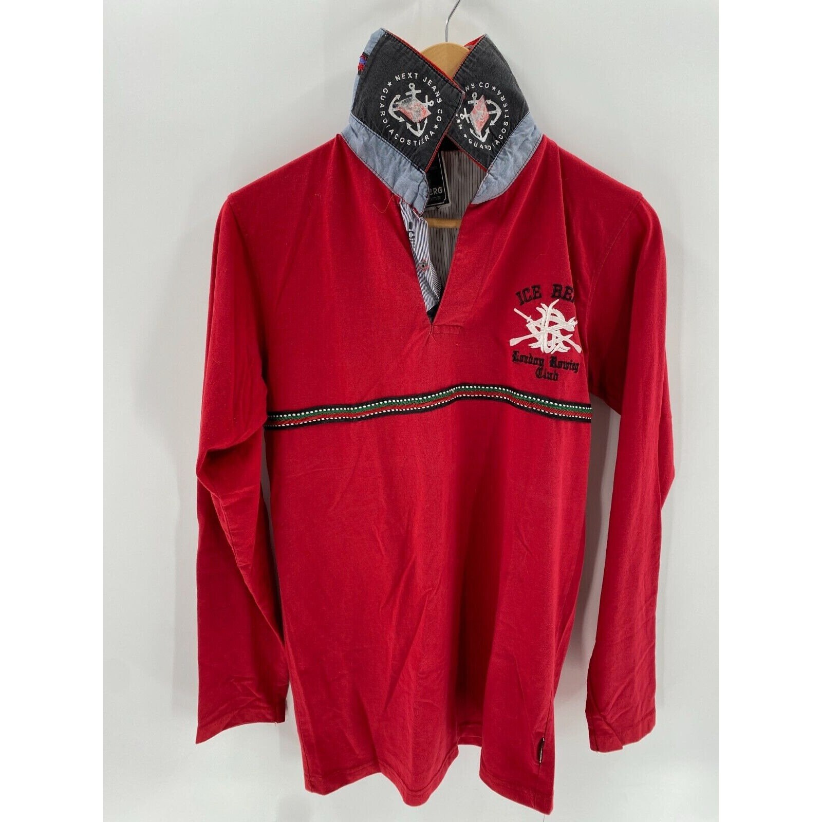 Vintage 90s ICEBERG Red London Rowing Club Crest Button Up Polo Shirt Men's Sz S
