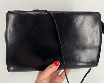 Vintage 80s Bruno Magli Black Italian Coated Leather Shoulder Bag Handbag Purse
