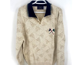 Vintage 80s Northern Golf Elements Beige Cable Knit Embroidered Mens Sweater Polo Sz M Made in the USA