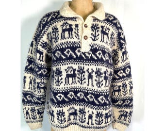 Vintage Chunky Knit Wool Aztec Print Hand knit Nepal  Fisherman Sweater Pullover L