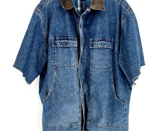 Vintage GAP 80s Blue Denim Plaid Lined Full Zip Jacket Shirt Coat Men's Sz XL