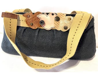 Vintage Y2K Miss Sixty Gray Felt Leather Embroidered Shoulder Bag Purse Handbag