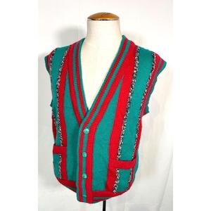 Vintage Italian Wool Blend Knit Vest: Green & Red Grandpa Sweater, Men&#39;s M