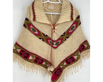 Vintage 70s Hand Knit Chunky Wool Fringe Poncho Sweater Hippie Boho Cape Tassel