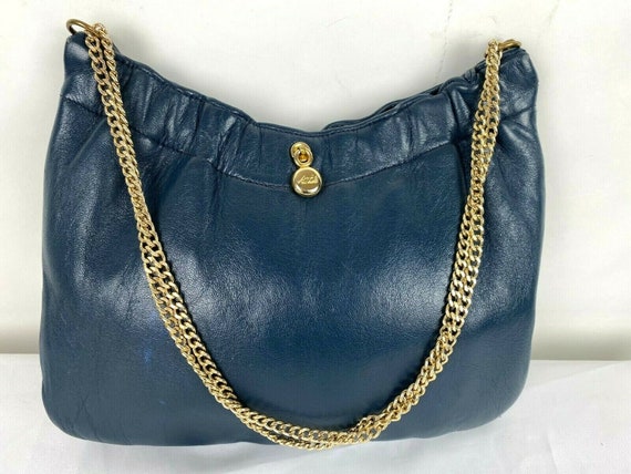 VINTAGE 60s 70s ANDE France Blue Leather and Gold Chain Shoulder Purse Bag Handbag