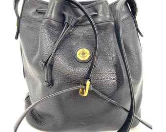 Vintage 80s Guy Laroche Black Thick Luxurious Leather Bucket Bag Hobo Tote Drawstring Handbag