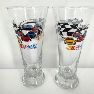 Vintage NASCAR Racing Glasses: Tall Graphic Print Beer/Water Set of 2