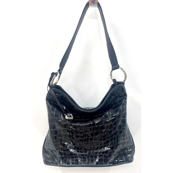 vintage Sac à bandoulière sac à main hobo en cuir noir brillant effet croco Brighton E727059