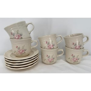 Vintage Pfaltzgraff USA Tea Rose Embroidered Ivory Porcelain 11 Pcs. Tea Coffee Cups Mugs and Saucers Sets