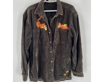 Vintage 90s Disney Tigger Moss Green Brown Corduroy Button Down Jacket Coat Shirt Sz L