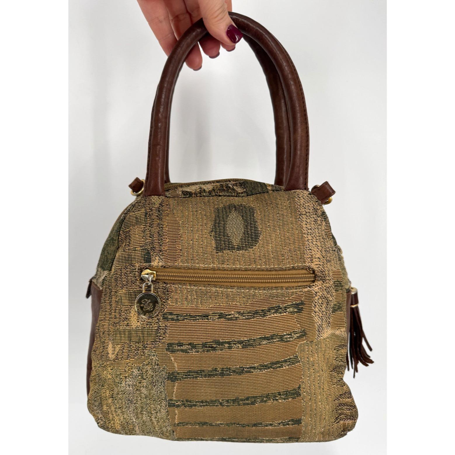 Vintage 80s Lucia Bianchi Tapestry Dome Bag Brown Leather Trim