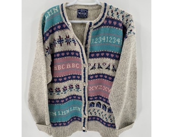 Vintage Woolrich Chunky Knit Wool Blend Cardigan Sweater Gray Blue Pink Sz L