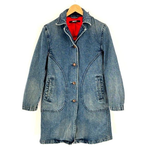 Vintage DKNY Y2K Blue Denim Jean Jacket Coat Trench Pockets