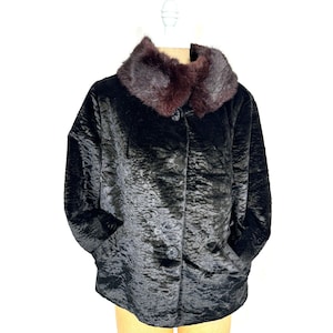 Vintage 60’s Sheared Black Persian Lamb Jacket Coat Mink Fur Collar Pockets Sz M