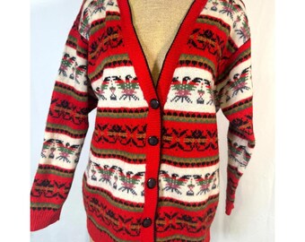 Vintage 80s Handknit Red Wool Fair Isle Cardigan Eagle Aztec Print Sweater Sz L