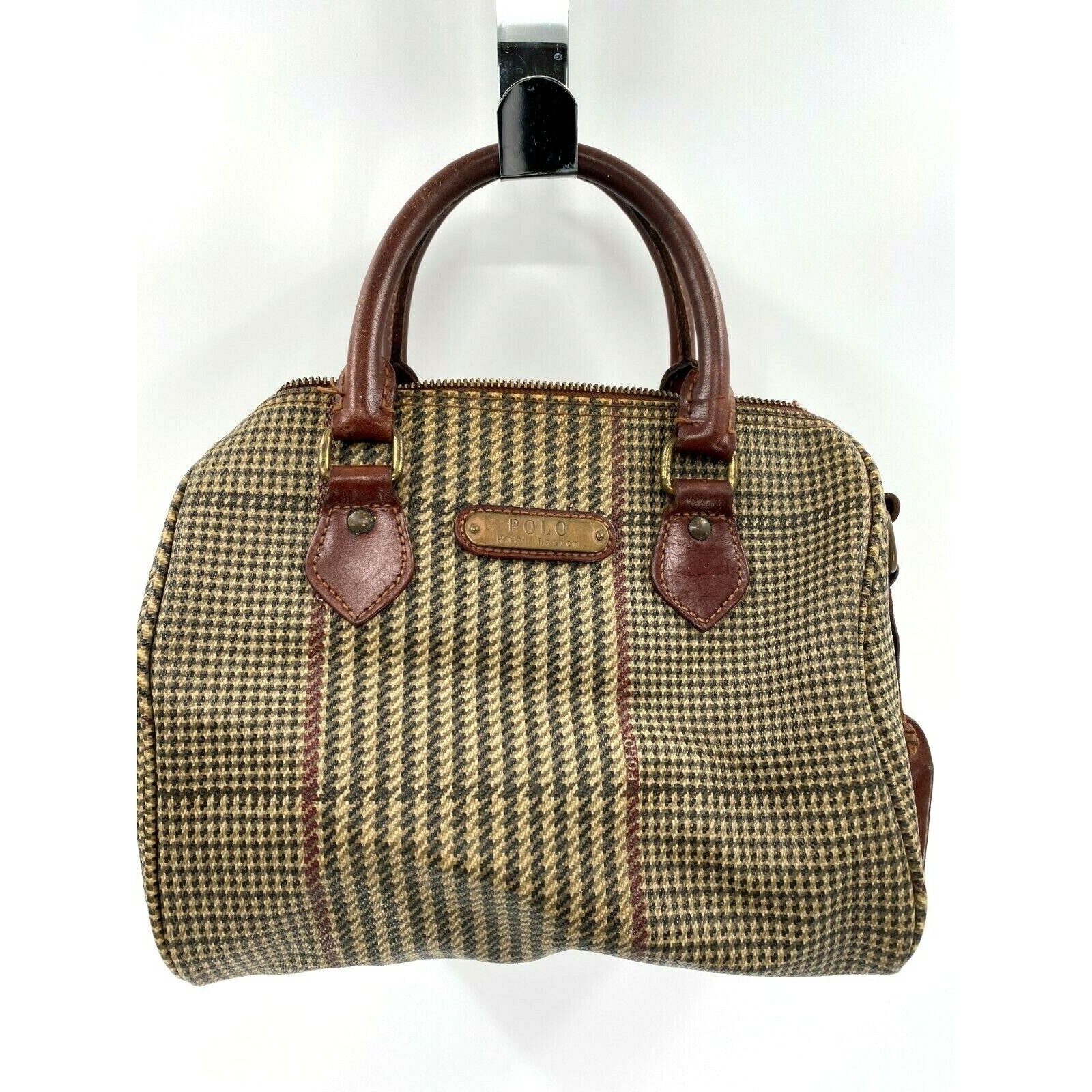 Lauren Ralph Lauren Vintage Tan Brown Houndstooth Plaid Large Purse  Shoulder Bag