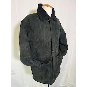 Vintage Black Genuine Shearling Sheepskin Suede Marlboro Jacket Pockets Full Zip Coat Mens Sz L