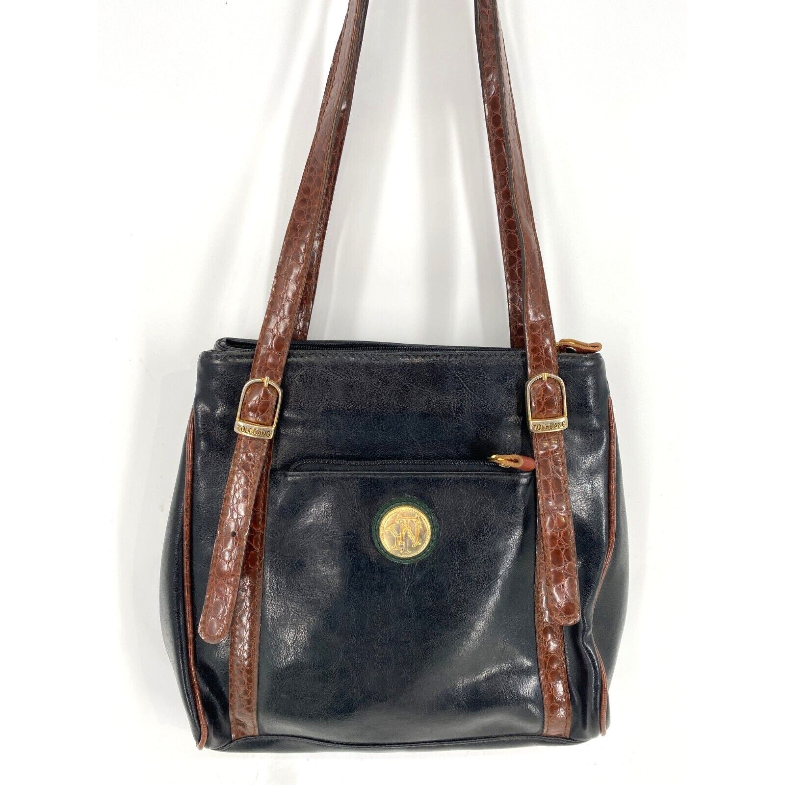 【suzen】90's Motor Leather Vintage Bag Vintage 90s Toledano Black Leather Croc Embossed Trim