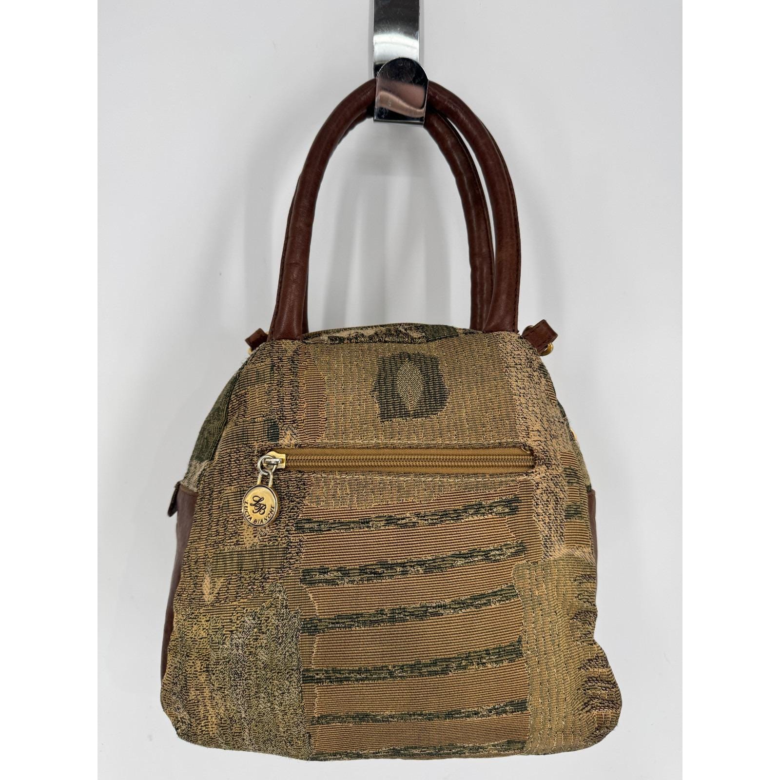 Vintage 80s Lucia Bianchi Tapestry Dome Bag Brown Leather Trim