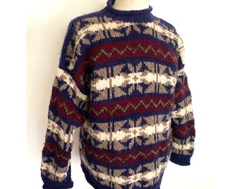 Vintage Equador Chunky Hand Knit Pure Wool Sweater Nordic Aztek Print Men&#39;s Sz L